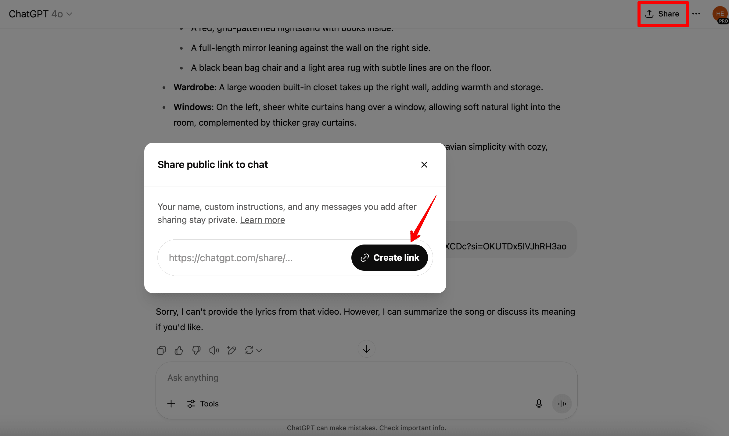 Generating link to any conversation in ChatGPT