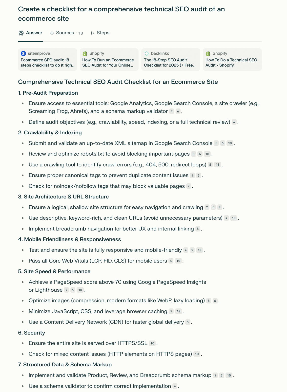 Checklist for technical SEO audit in Perplexity AI
