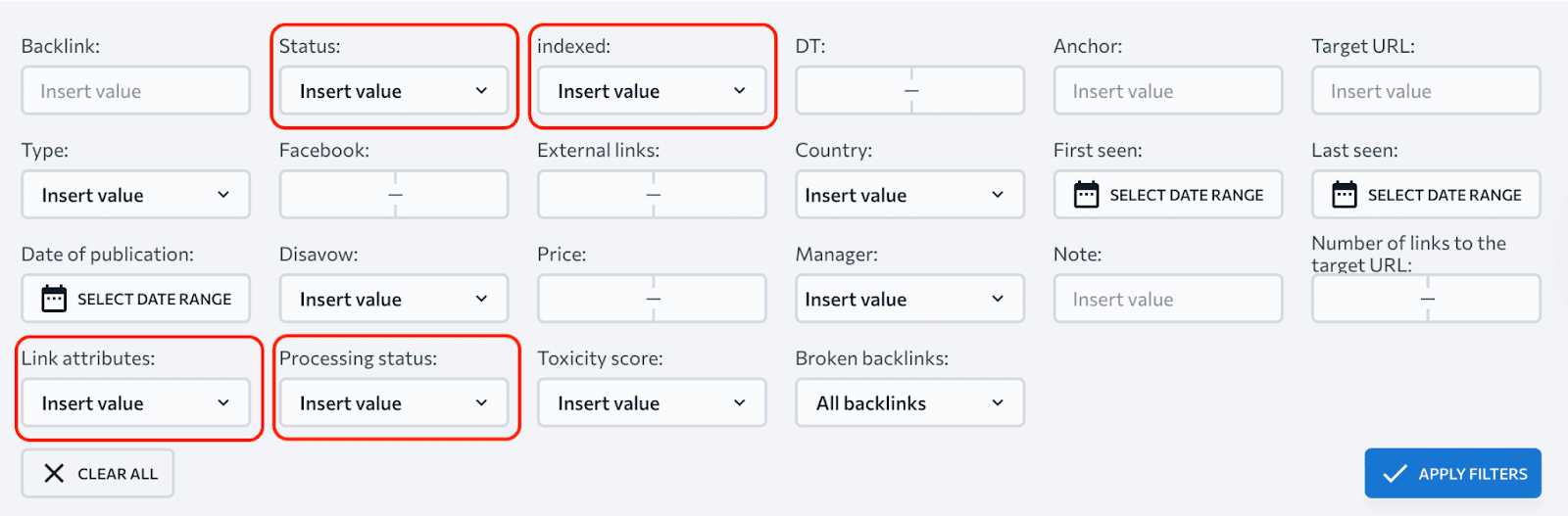 Backlink filtering options