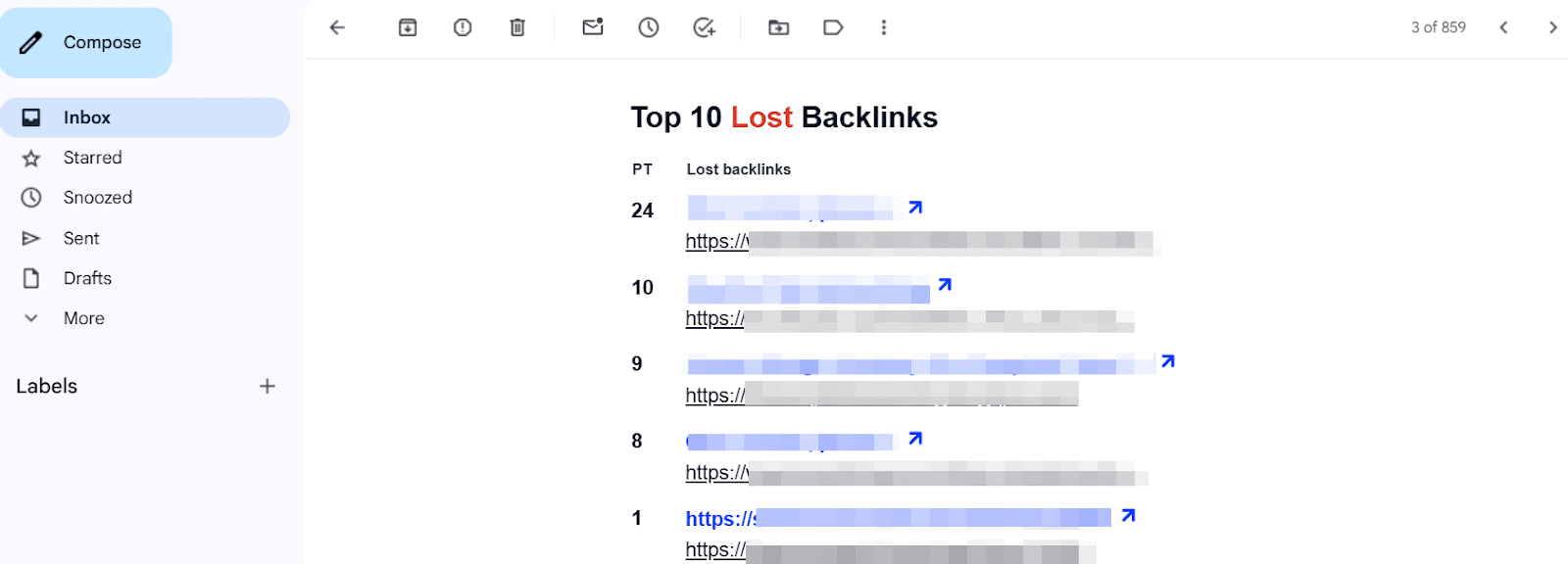 Top 10 Lost Backlinks emails sent by SE Ranking