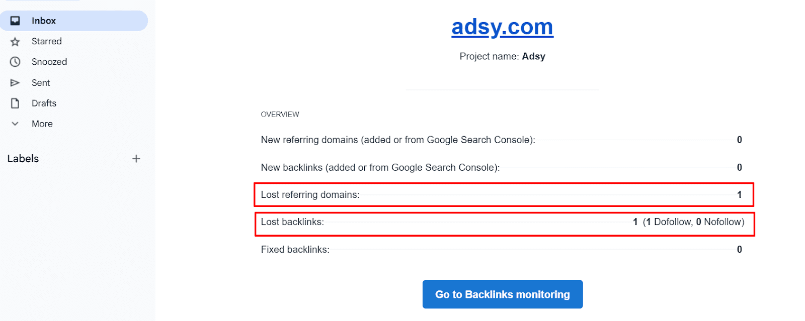 Email sent from SE Ranking to Adsy with the Top 10 Lost Backlinks