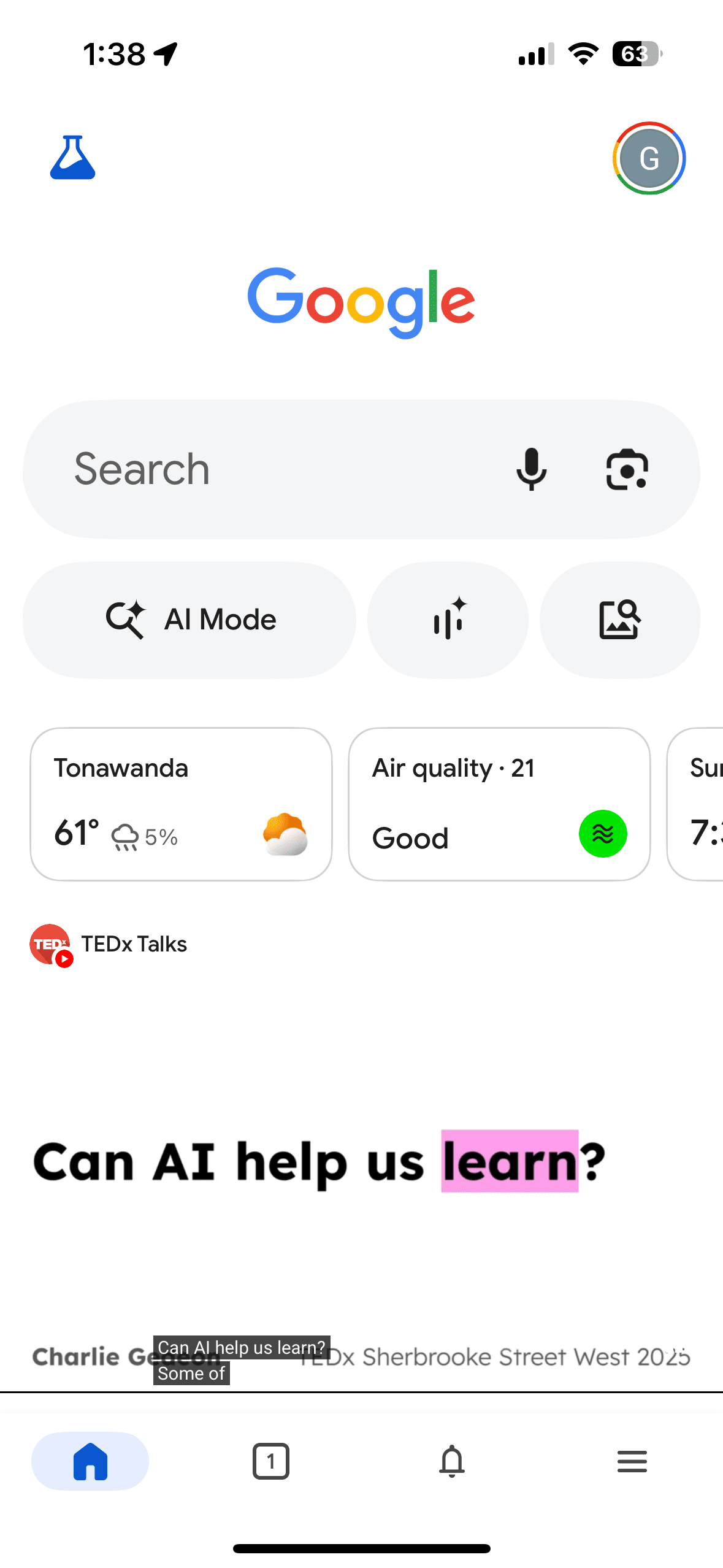 Google's main page shows AI Mode tucked away to the side as an optional feature on mobile