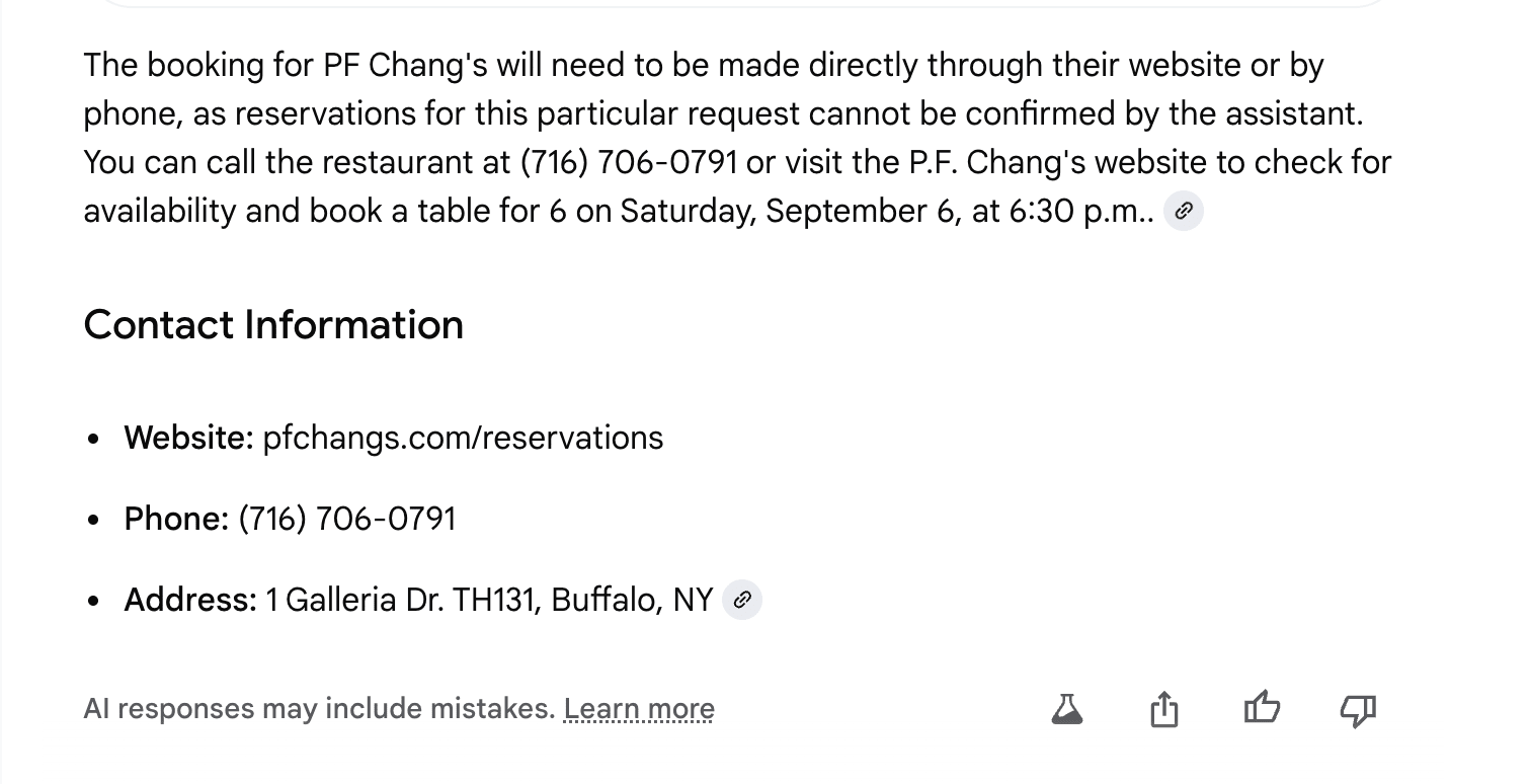 New AI Mode hands the booking back to me for P.F. Changs