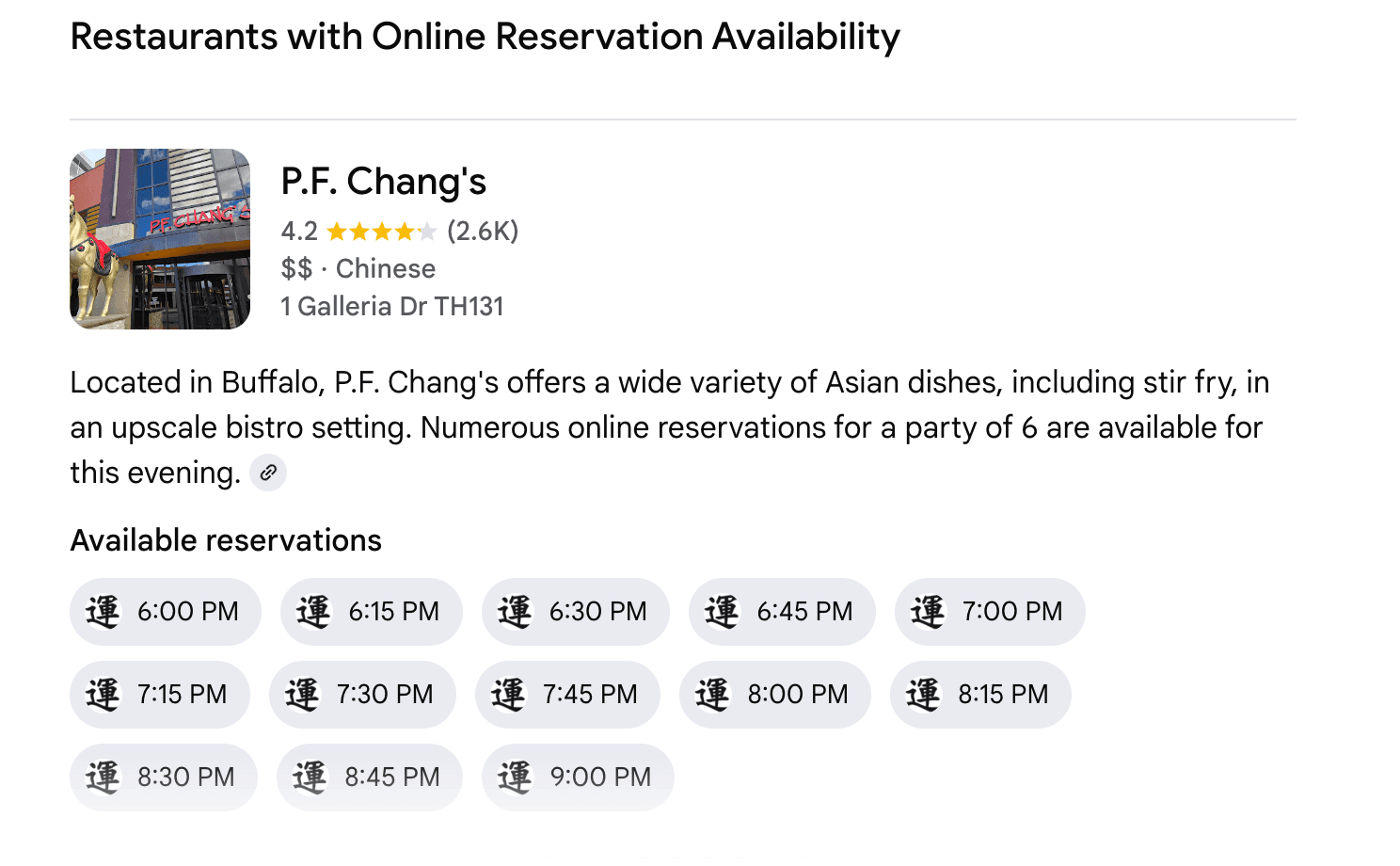 New AI Mode lists reservation times for P.F. Changs directly on the UI