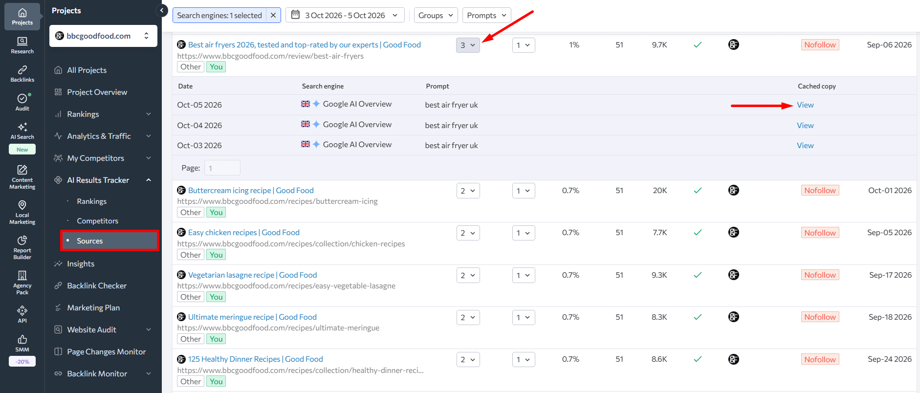 Sources tab in SE Ranking's AI Results Tracker Sources list in the AI Results Tracker