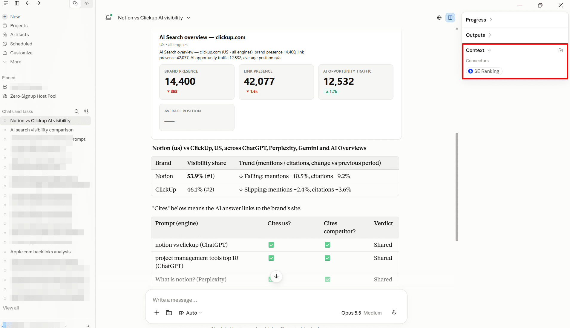 AI Search Leaderboard example in Claude Cowork AI Search Leaderboard example backed by SE Ranking data through MCP