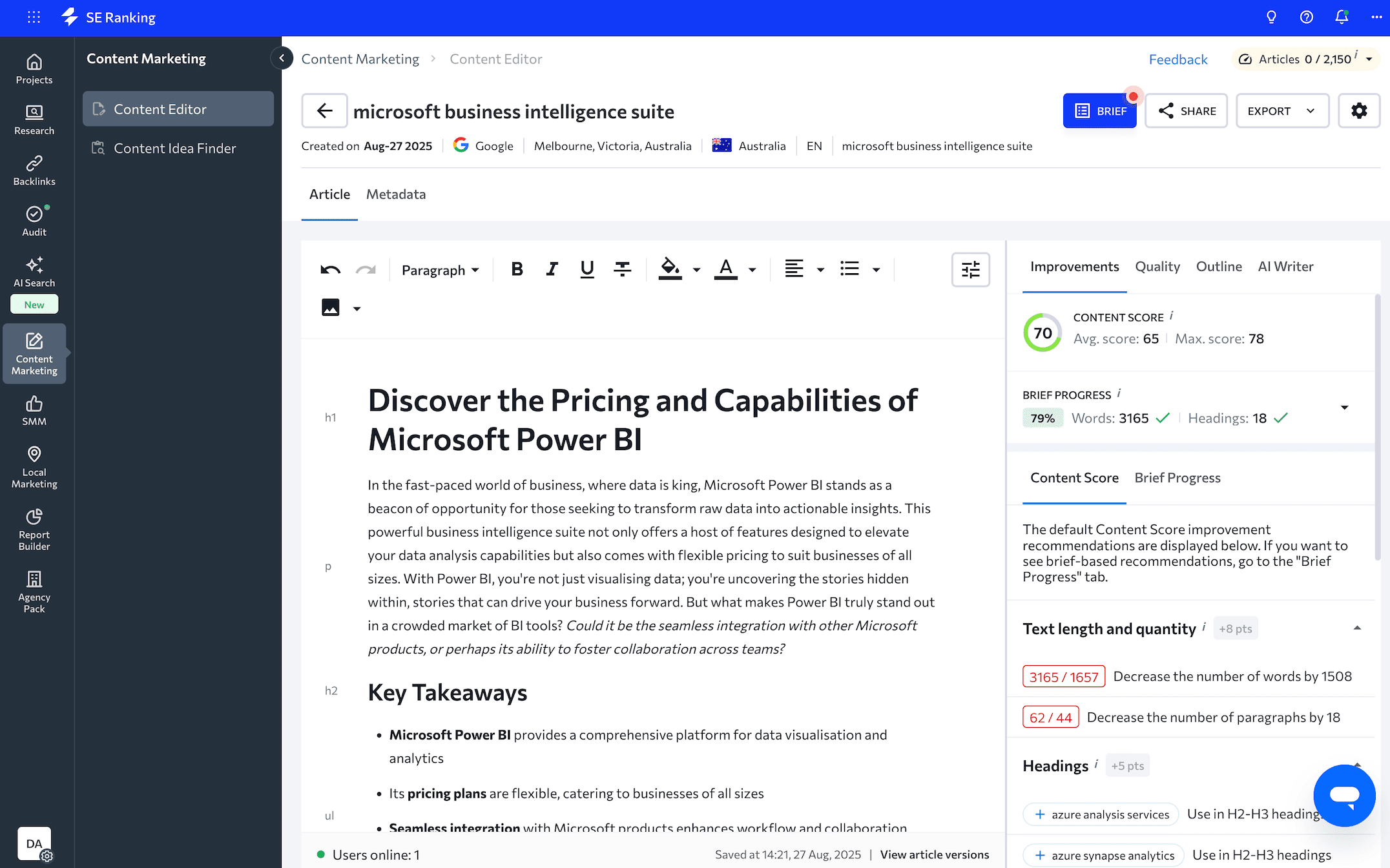 SE Ranking's Content Editor tool