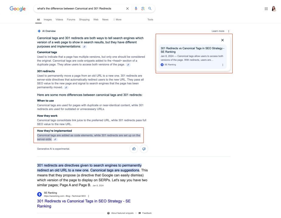 SE Ranking blog article source in AI Overview Example of SE Ranking blog content in AIO