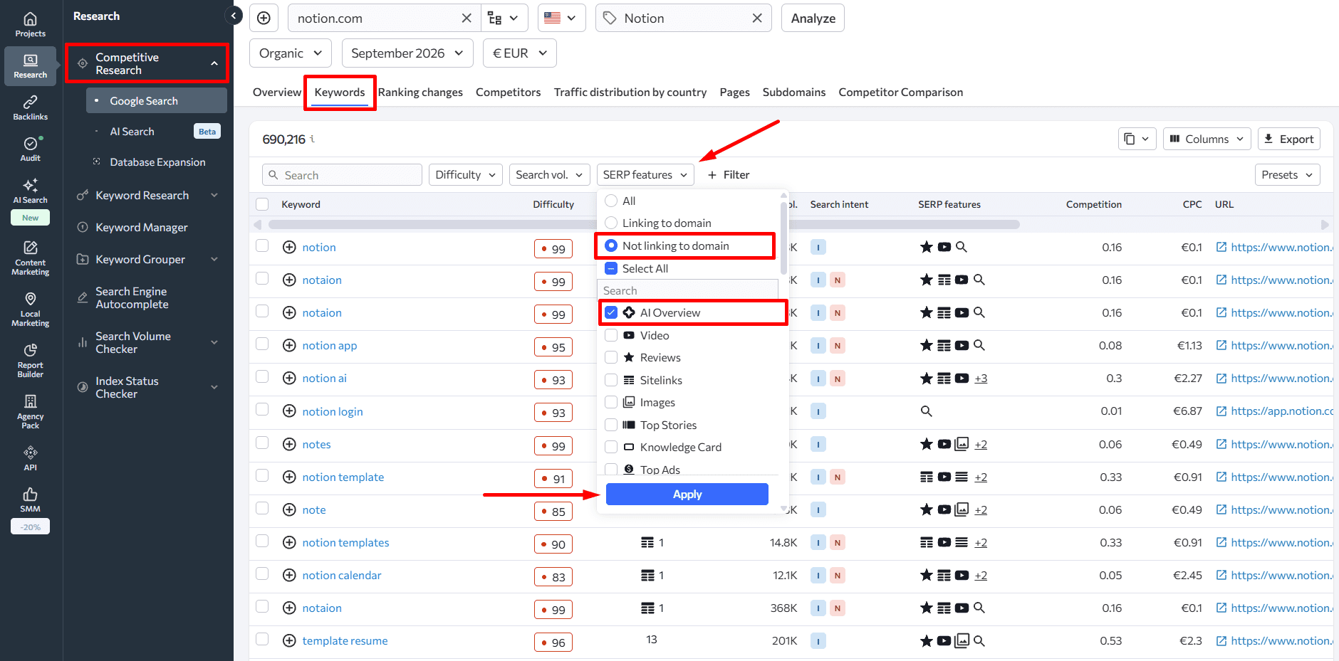 Find keywords that trigger AIOs with SE Ranking's Competitive Research Finding keywords that trigger AIOs with SE Ranking