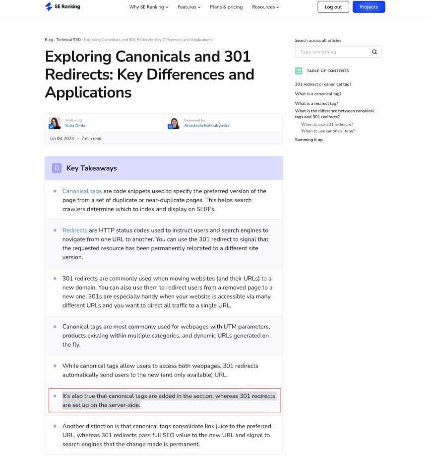 Fragment of the article text that was used in AI Overview Points from SE Ranking article in AIO