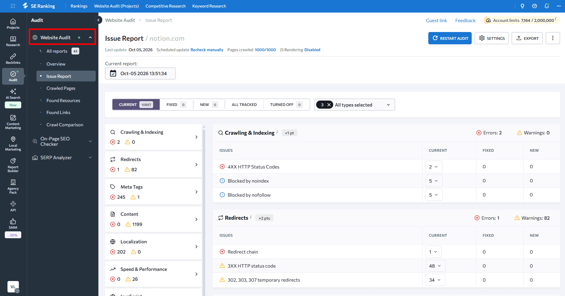 Issue Report in the Website Audit Tool Website Audit Tool