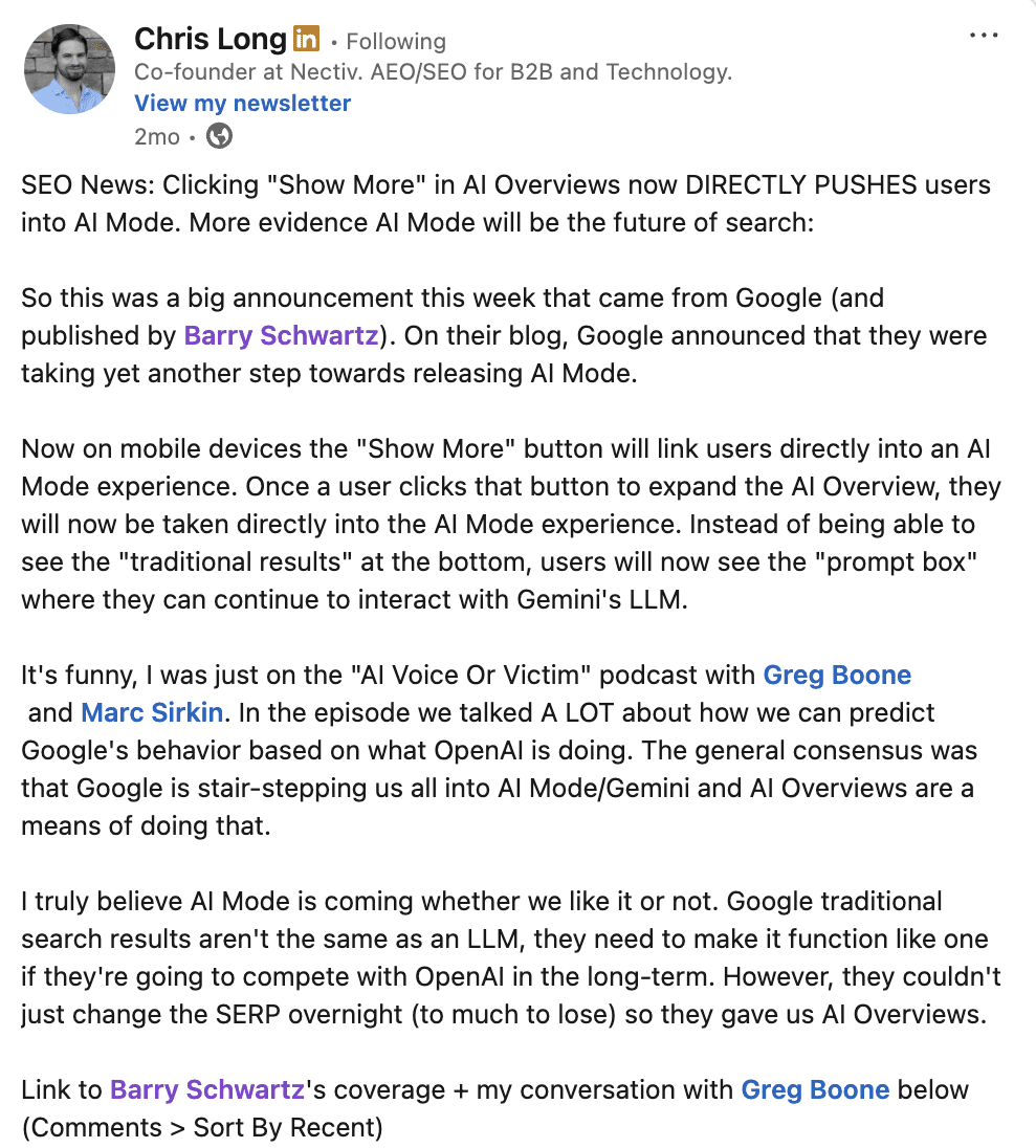 AI Overviews sending users to AI Mode Chris Long on AI Overviews taking users directly to AI Mode