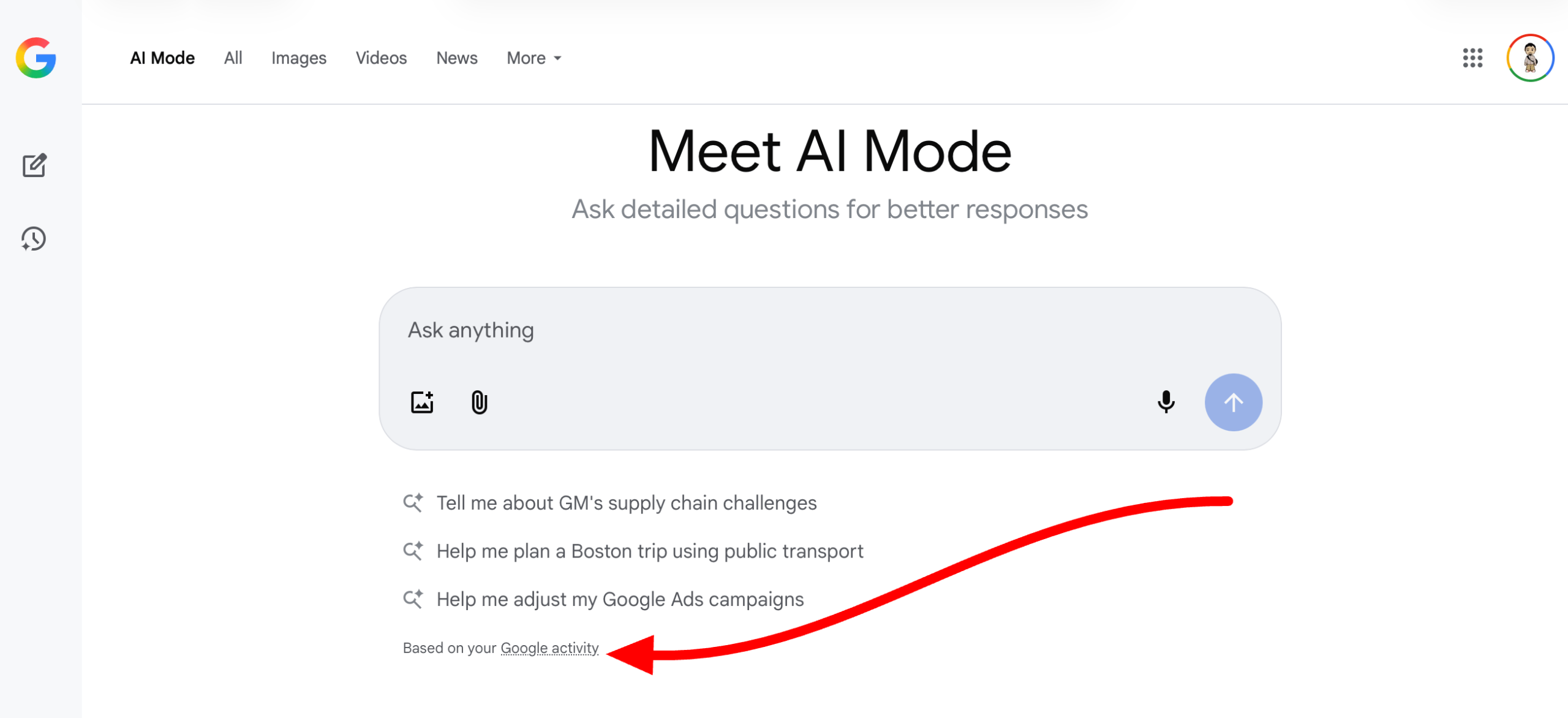 Based on your Google activity text in AI Mode Based on your Google activity notice in AI Mode