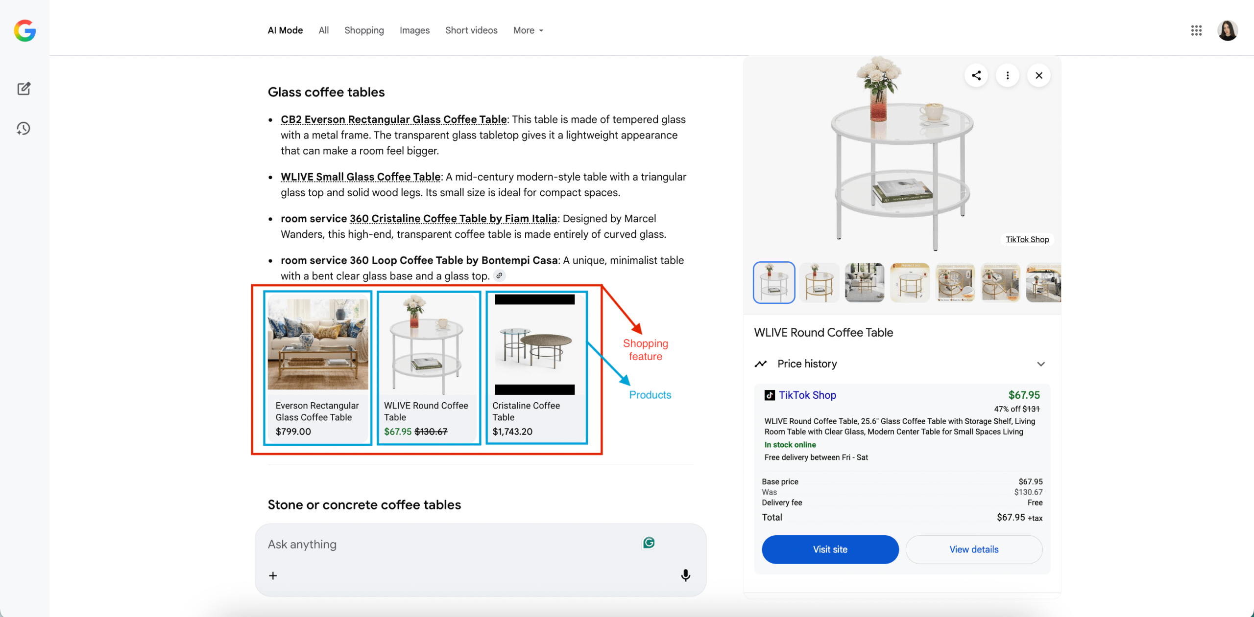Shopping on Google AI Mode AI Mode shopping feature