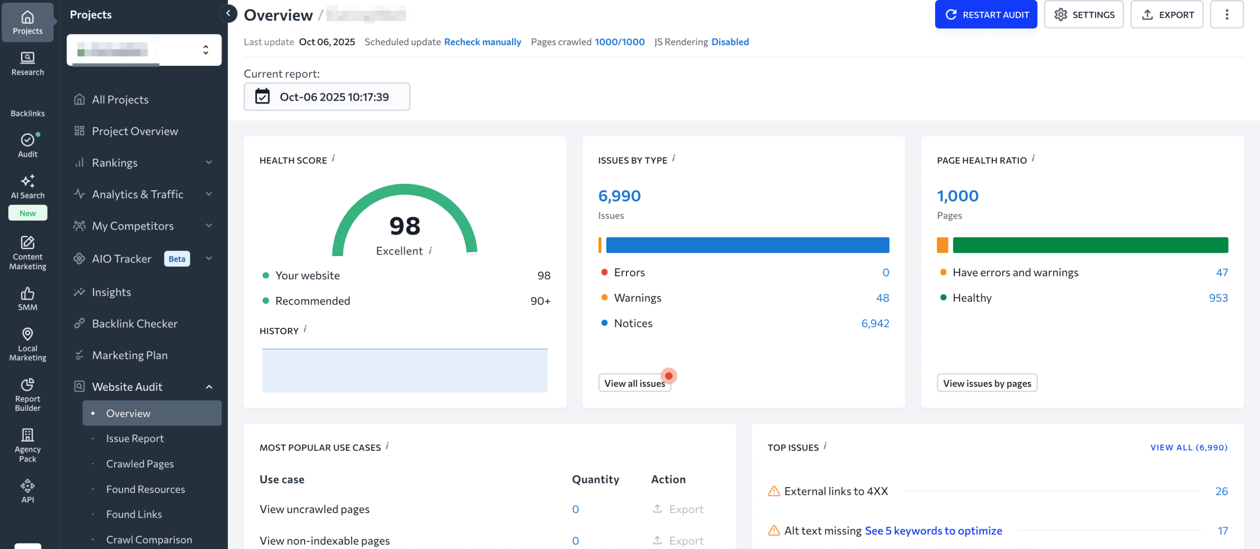 SE Ranking's interface