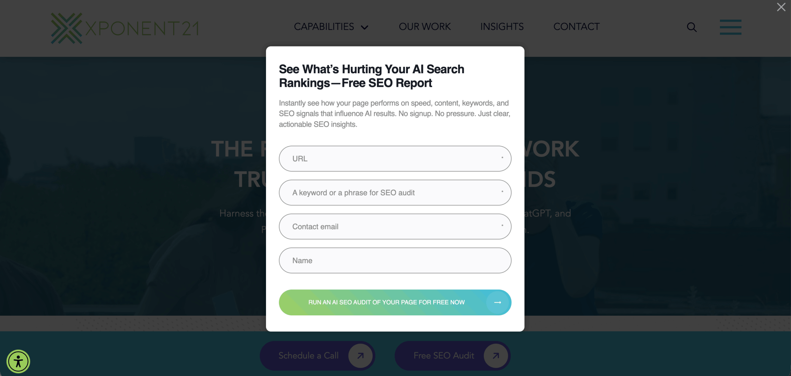 Lead generator widget on Xponent21 website SEO checker widget on Xponent21 website
