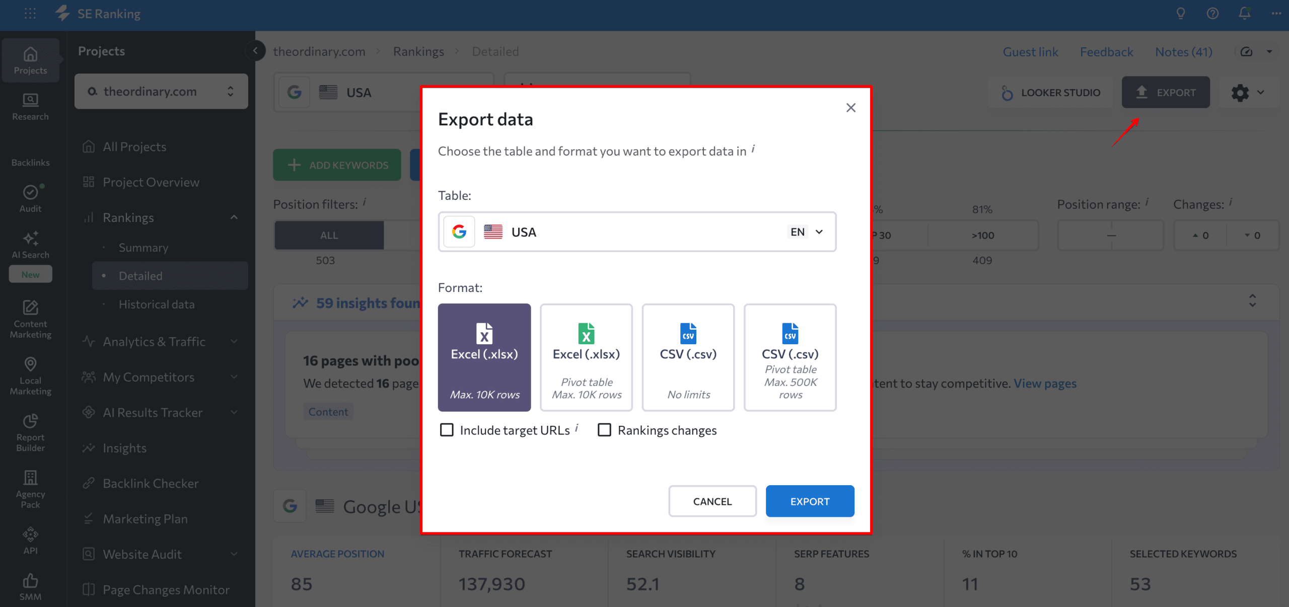 Export keywords you rank for from SE Ranking Export keywords you rank for