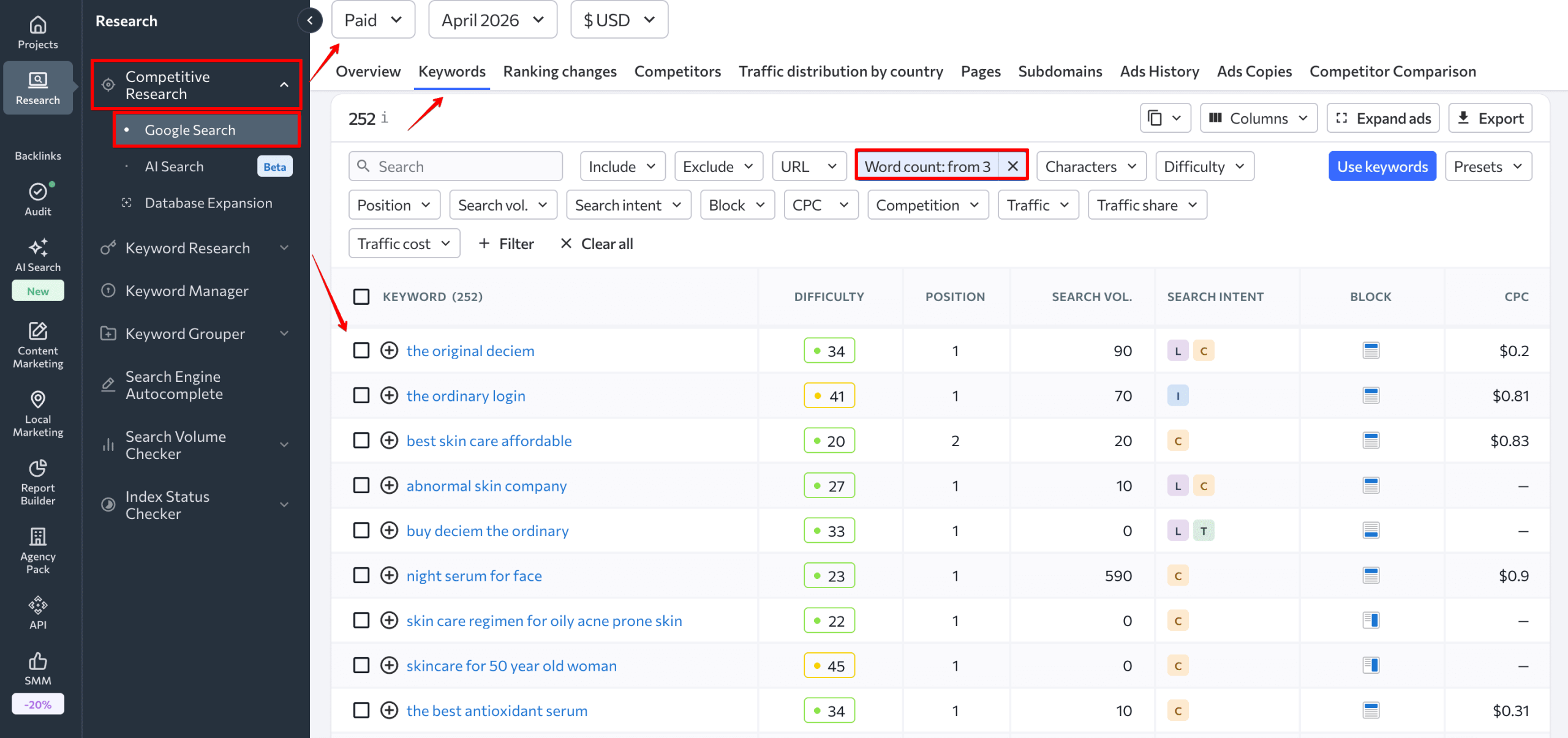 Find paid keywords with SE Ranking and use them as ideas for prompts Use paid keywords as prompt ideas