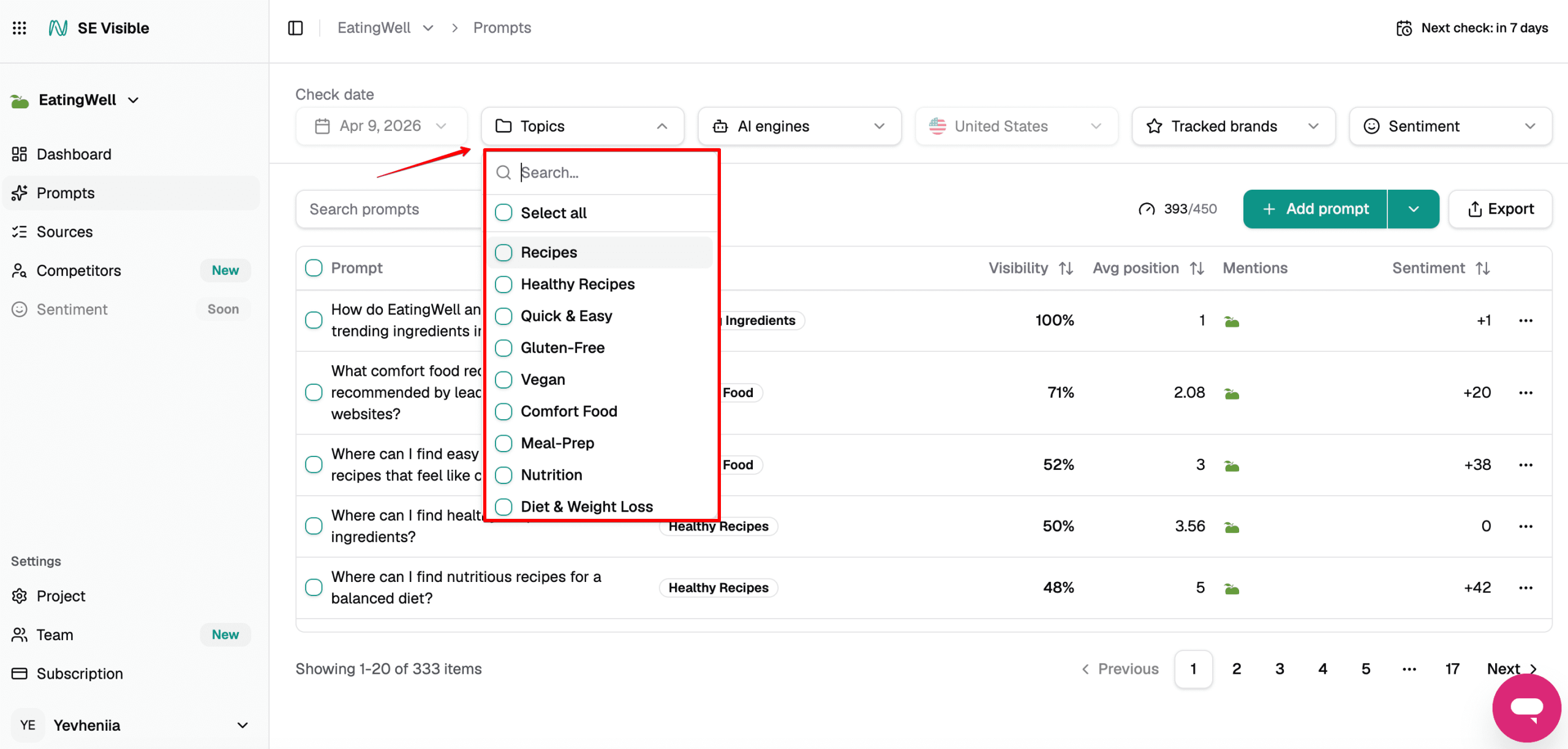 Group prompts by topics in SE Visible Prompt topics in SE Visible