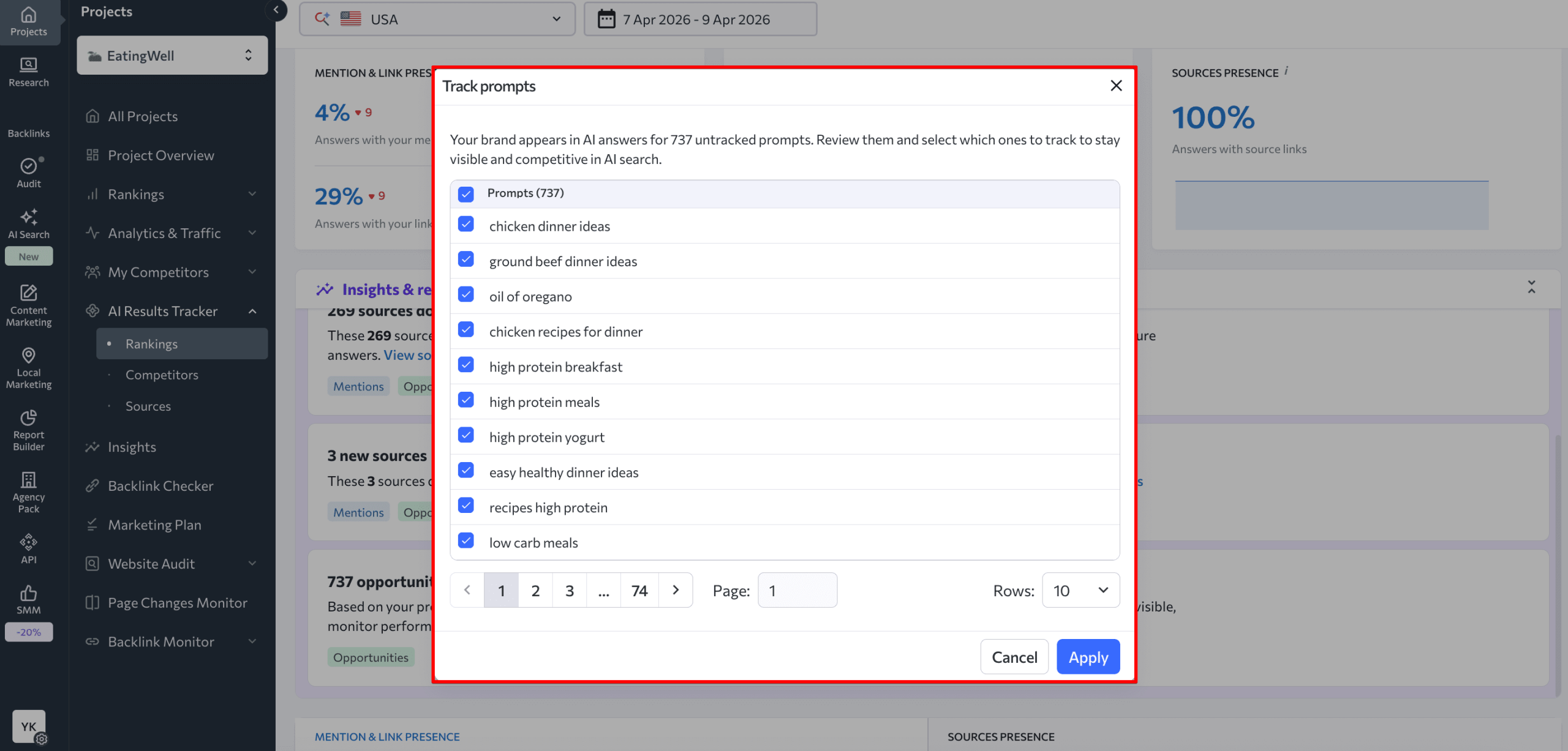 Review suggested prompts in SE Ranking's AI Results Tracker Suggested prompts in SE Ranking's AI Results Tracker
