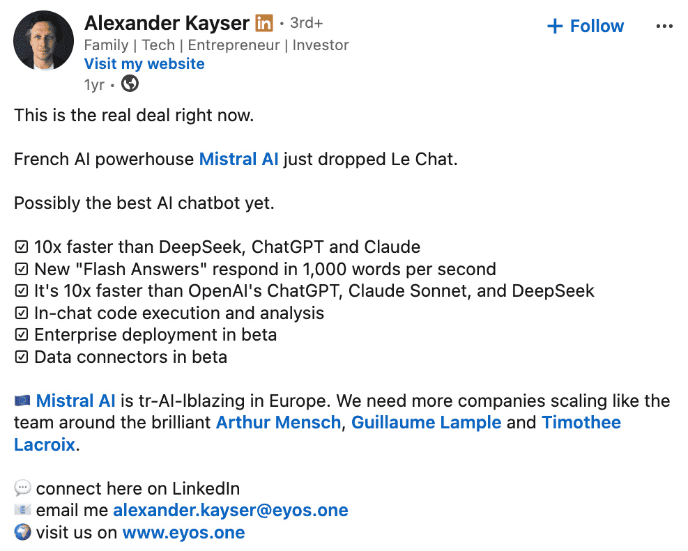 Alexander Kayser about Mistral AI on Linkedin Alexander Kayser about Mistral AI