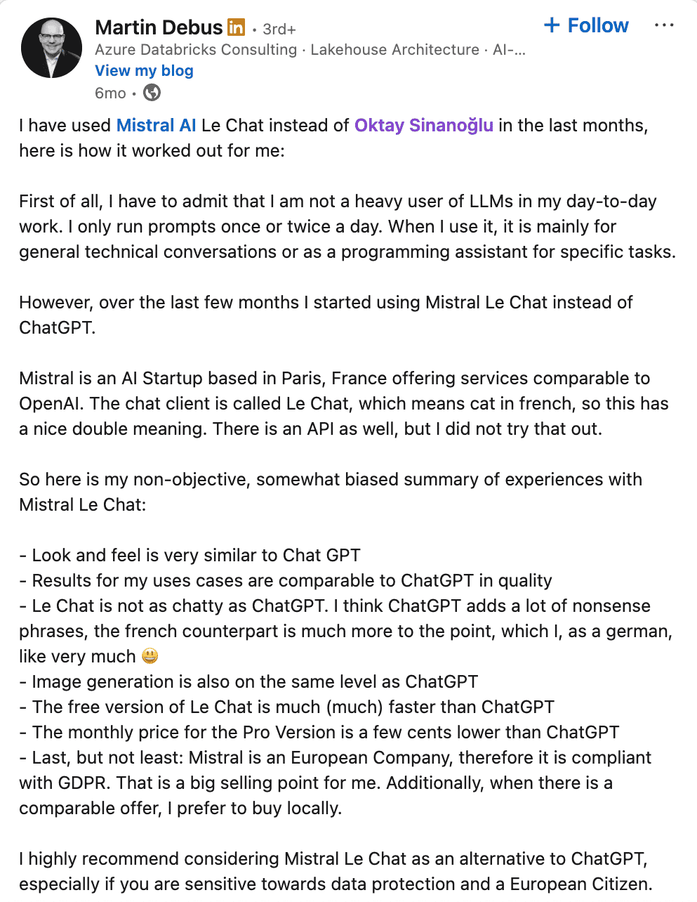 Martin Debus about Mistral AI on LinkedIn Martin Debus about Mistral AI