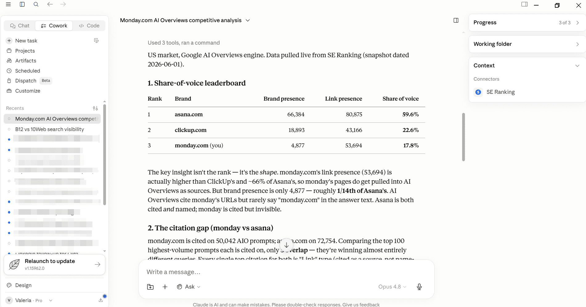 SE Ranking MCP for AI visibility tracking with Claude Exampe of AI search visibility tracking in Claude with SE Ranking MCP