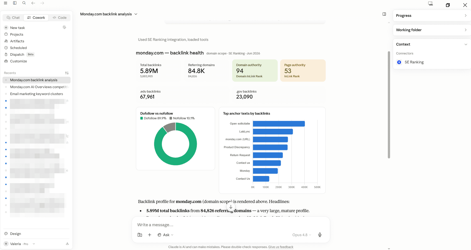 Backlink analysis with SE Ranking MCP in Claude Backlink analysis with SE Ranking MCP in Claude Cowork