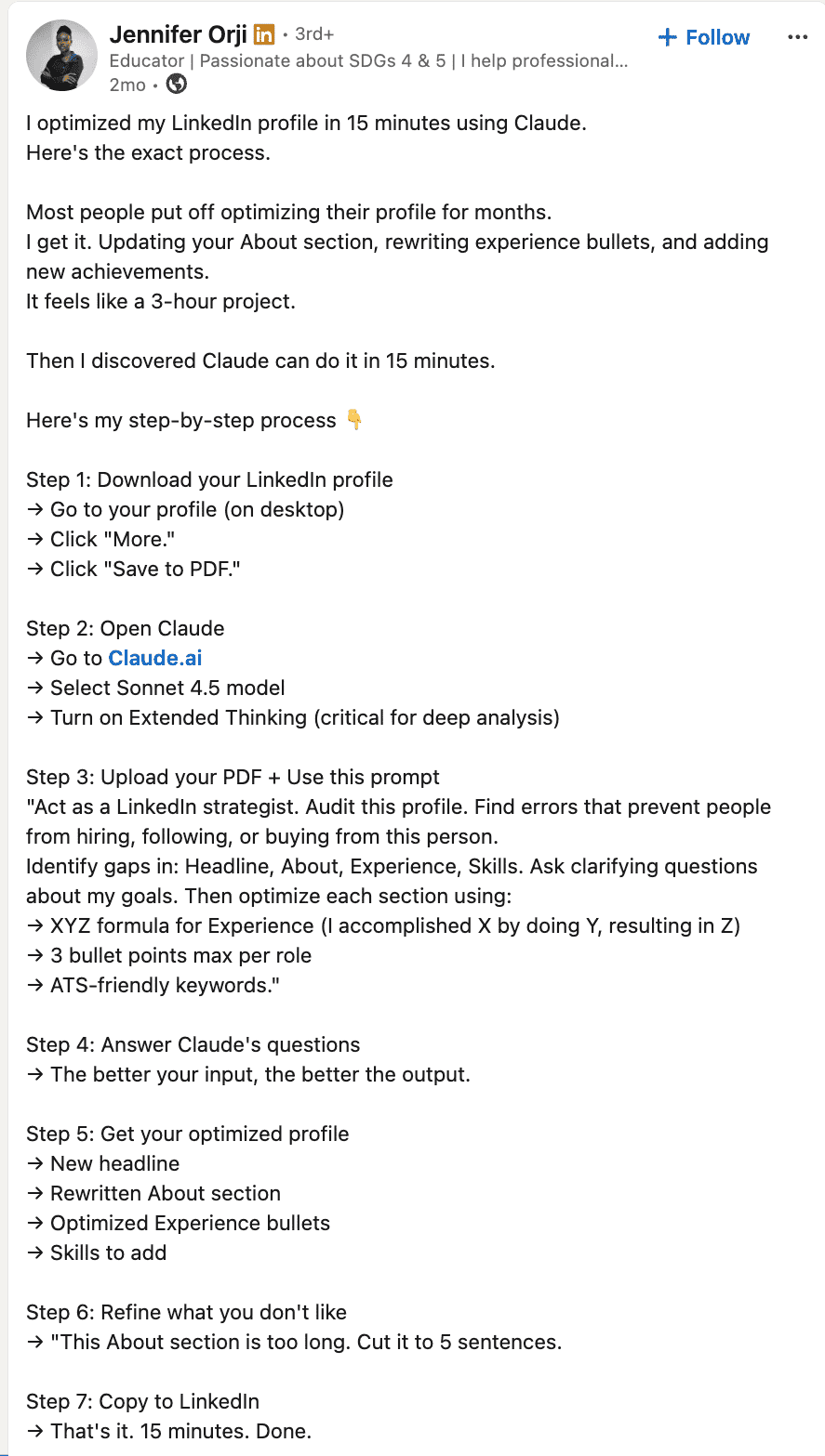 Claude workflow for LinkedIn profile optimization LinkedIn profile optimization with Claude