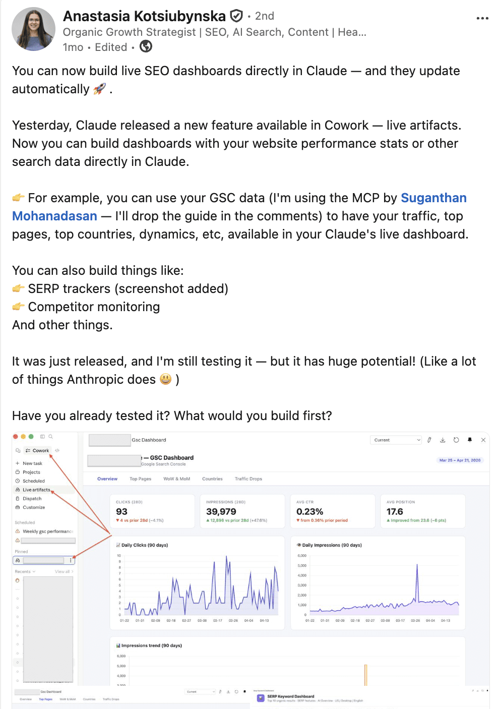 Live SEO dashboards in Claude Live artifacts in Claude
