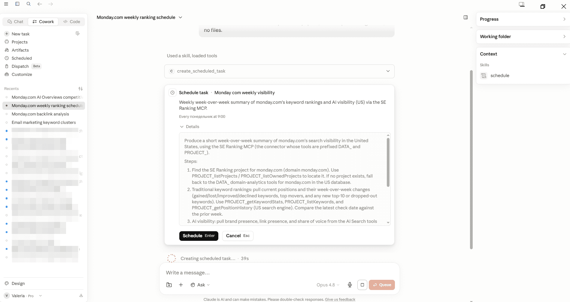 Scheduling SEO tasks with SE Ranking MCP in Claude Scheduling SEO tasks with SE Ranking MCP in Claude Cowork