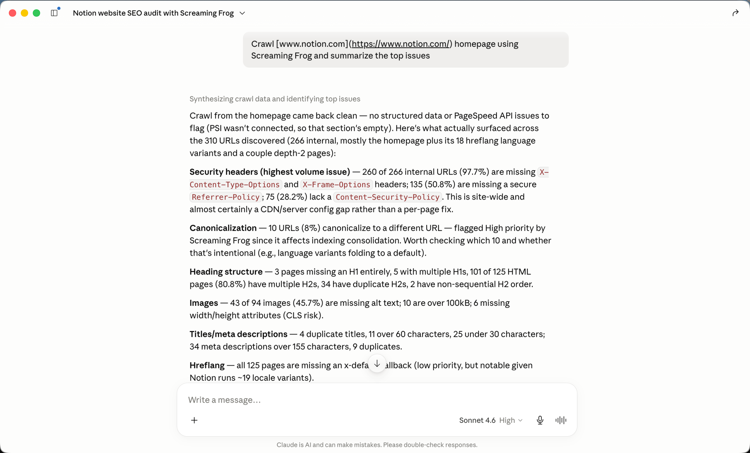Screaming Frog MCP use case example