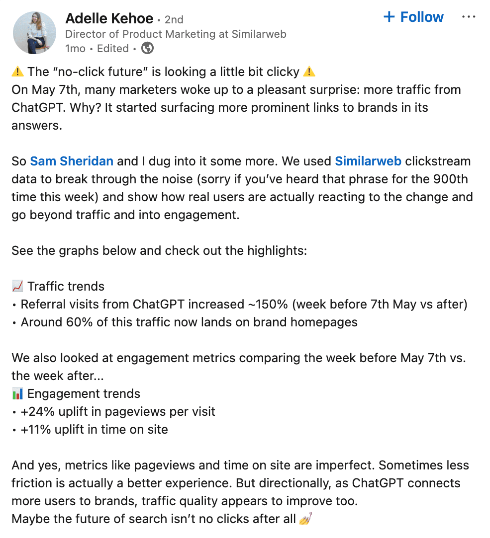 Adelle Kehoe post on ChatGPT traffic Adelle Kehoe post in ChatGPT