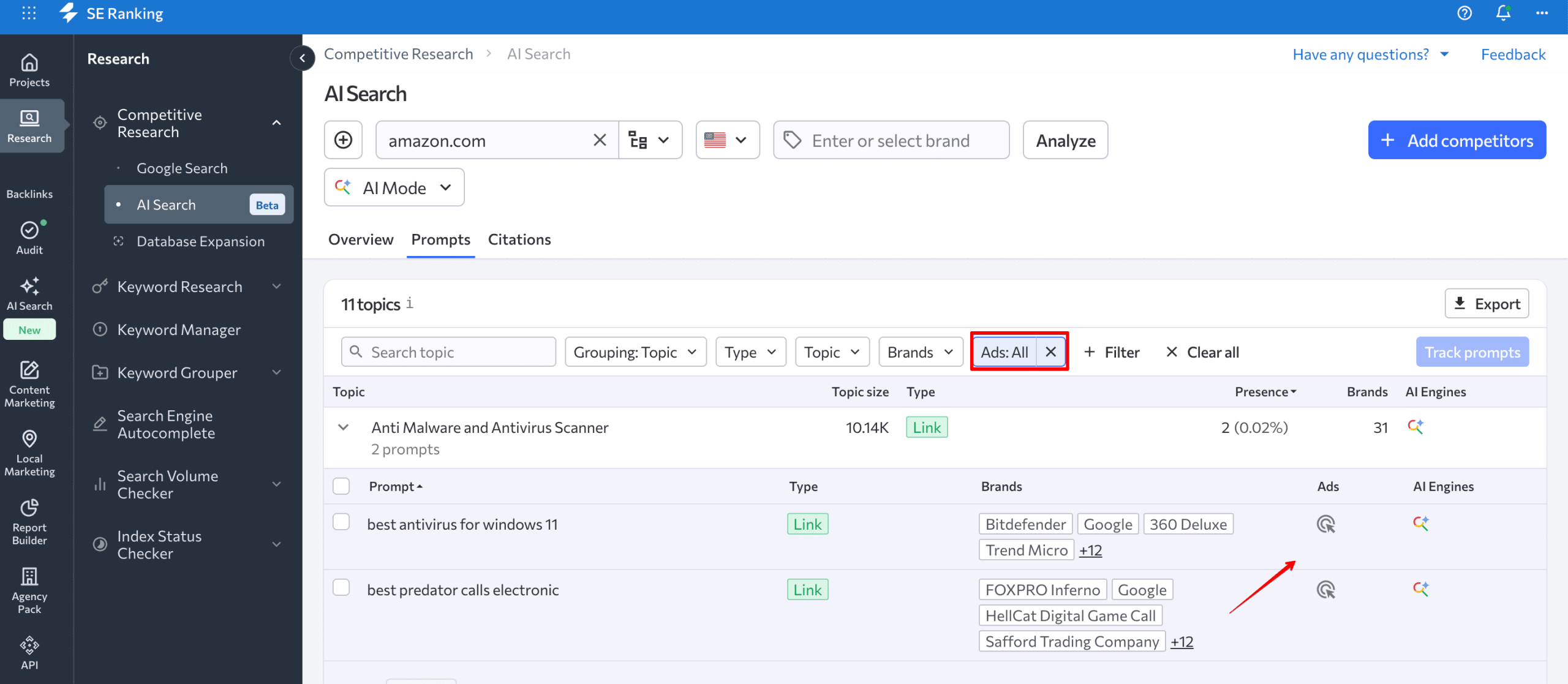 Check ad presence in AI Mode for specific prompts and domains Check AI Mode ads in SE Ranking