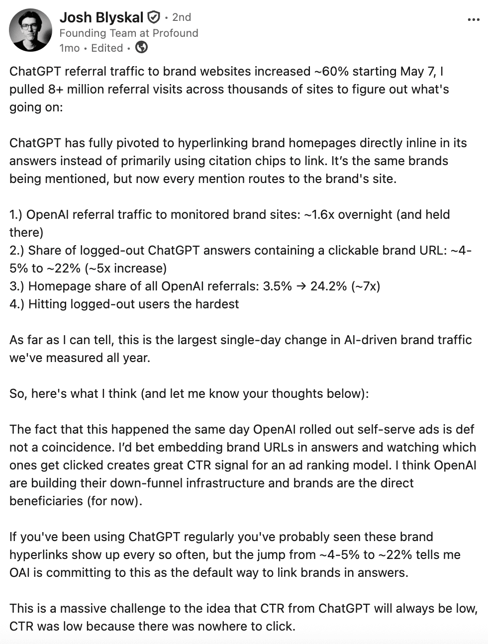Josh Blyskal post on ChatGPT traffic Post about ChatGPT traffic by Josh Blyskal