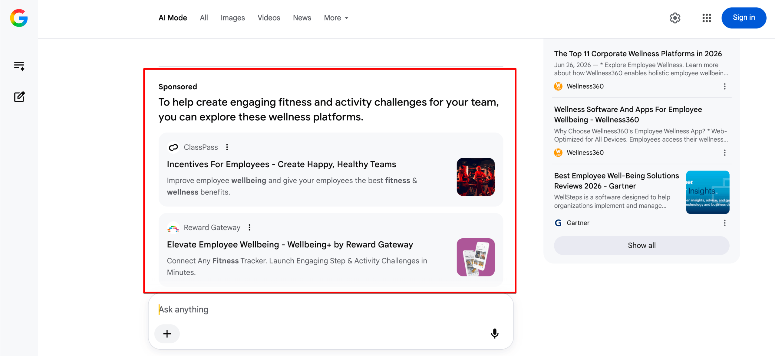 two ad offers in live AI Mode answer example of two ads in AI Mode answer