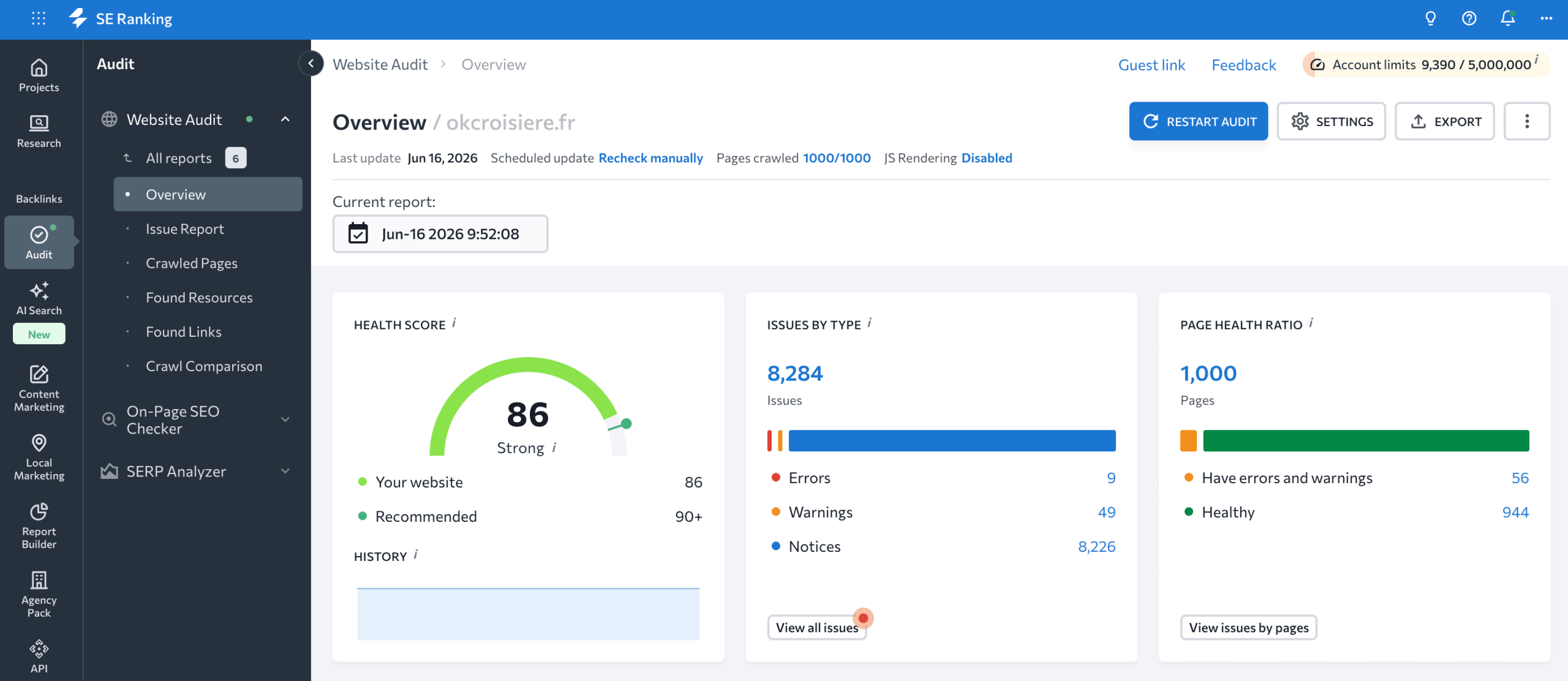 SE Ranking's site audit report Website Audit report