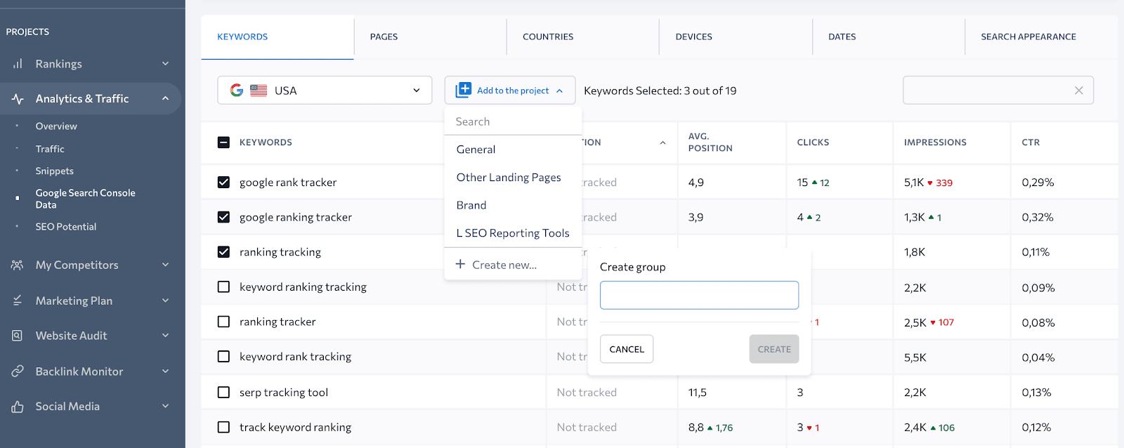 Data from Search Console in SE Ranking