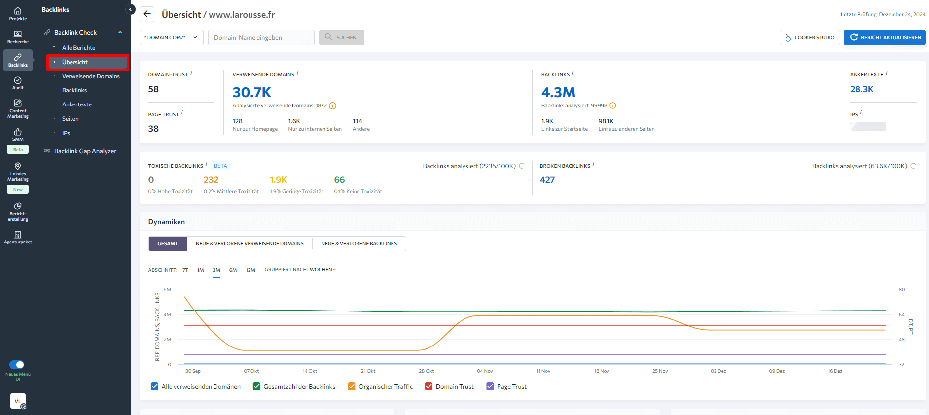 Backlink Checker Übersicht Abschnitt