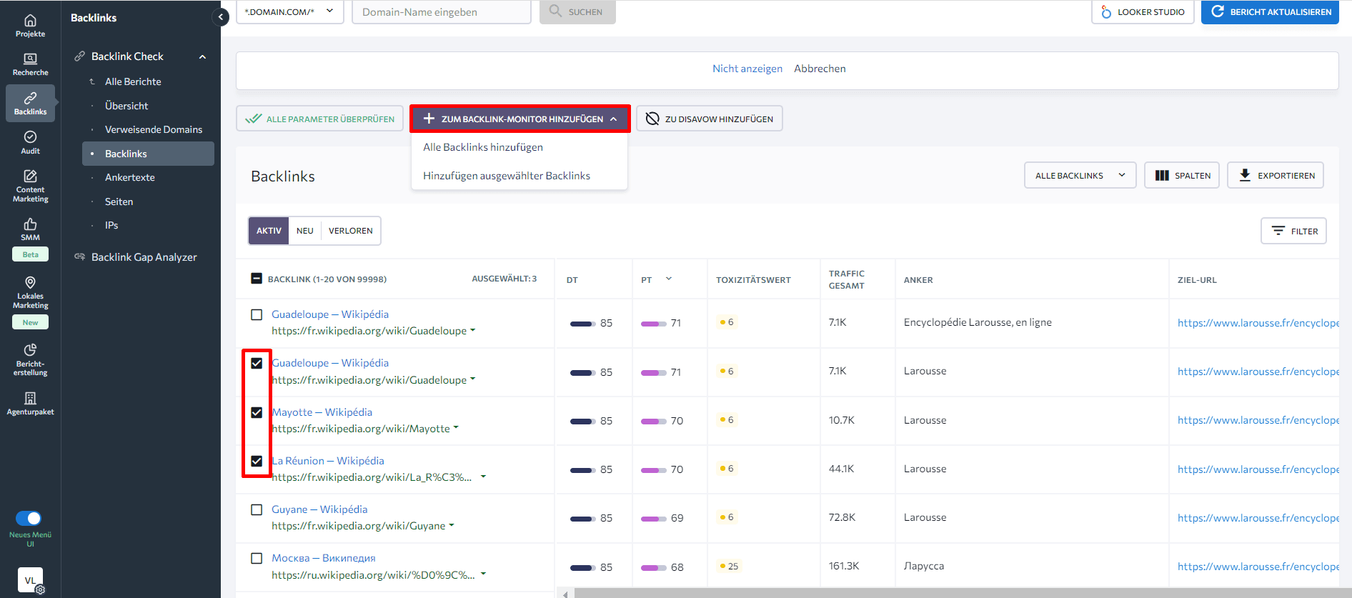 Hinzufügen von Backlinks zu Backlink Monitor