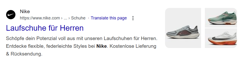 Nike favicon Beispiel in der Google-Suche