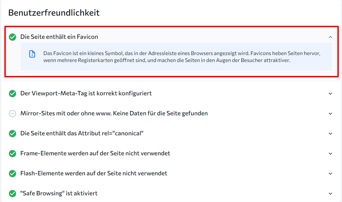 Usability-Bereich mit favicon alert im SE Ranking On-Page SEO Checker