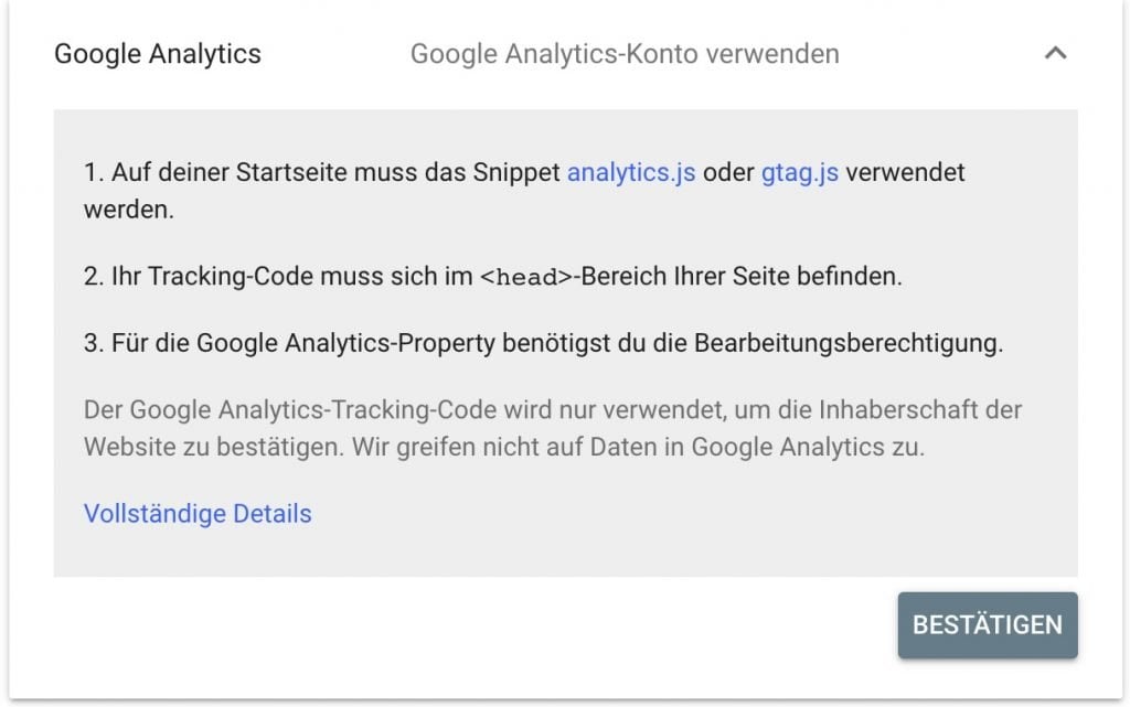 Bestätigung einer Property in GSC via Google Analytics