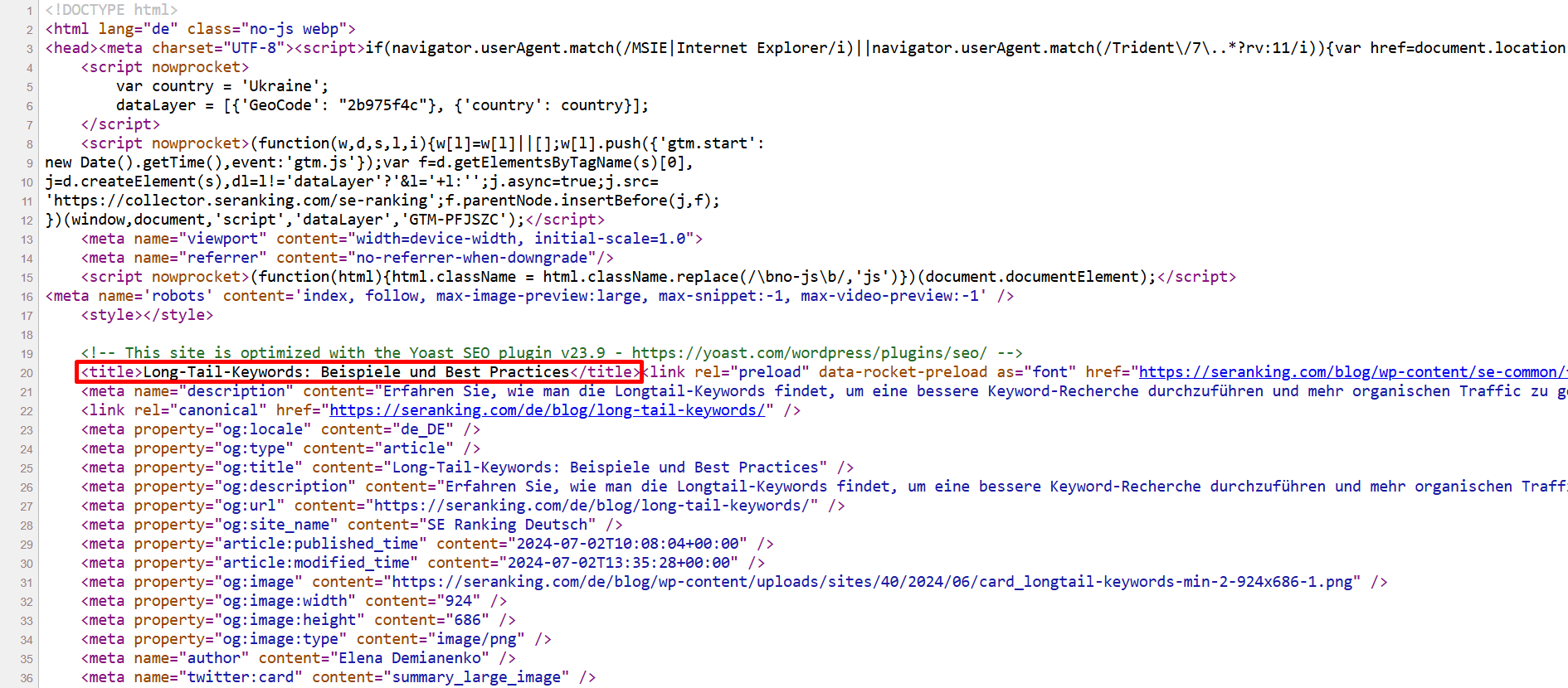 Beispiel eines Titel-Tags im Quellcode der Seite