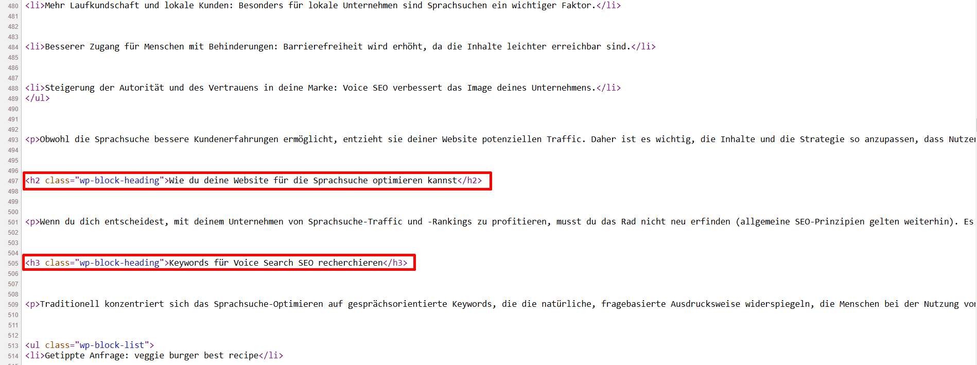Beispiel für H2- und H3-Tags im Page-Source-Code
