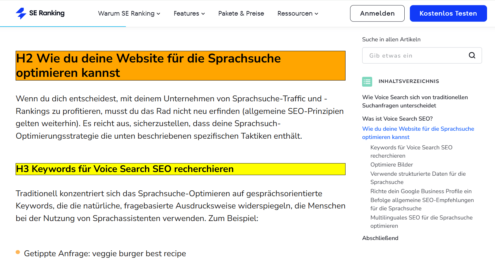 Beispiel für H2- und H3-Überschriften in einem Blog Beitrag