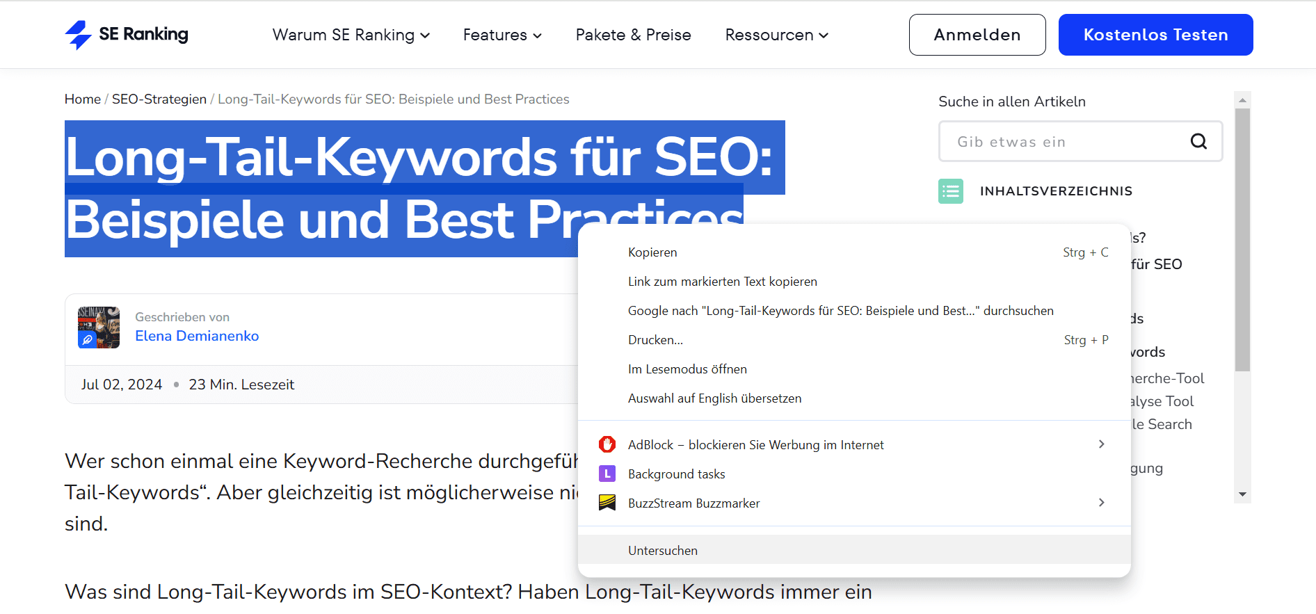 Ein Element in Google Chrome überprüfen