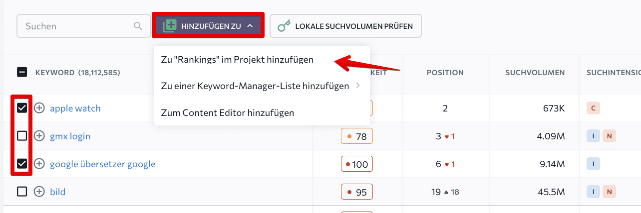 Hinzufügen mehrerer Schlüsselwörter aus der Wettbewerbsanalyse zu Ihrem Projekt