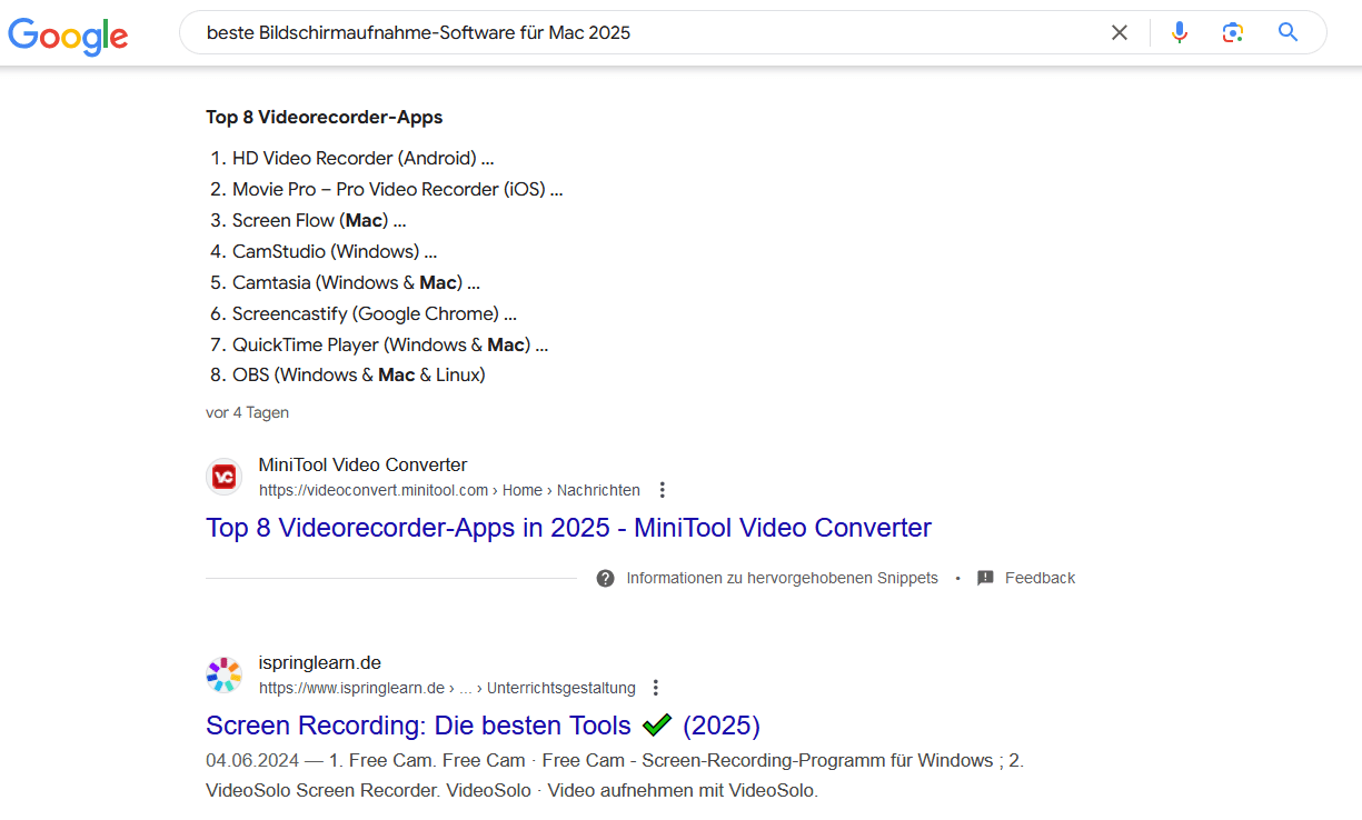 SERP der besten Bildschirmaufzeichnungssoftware für mac 2025