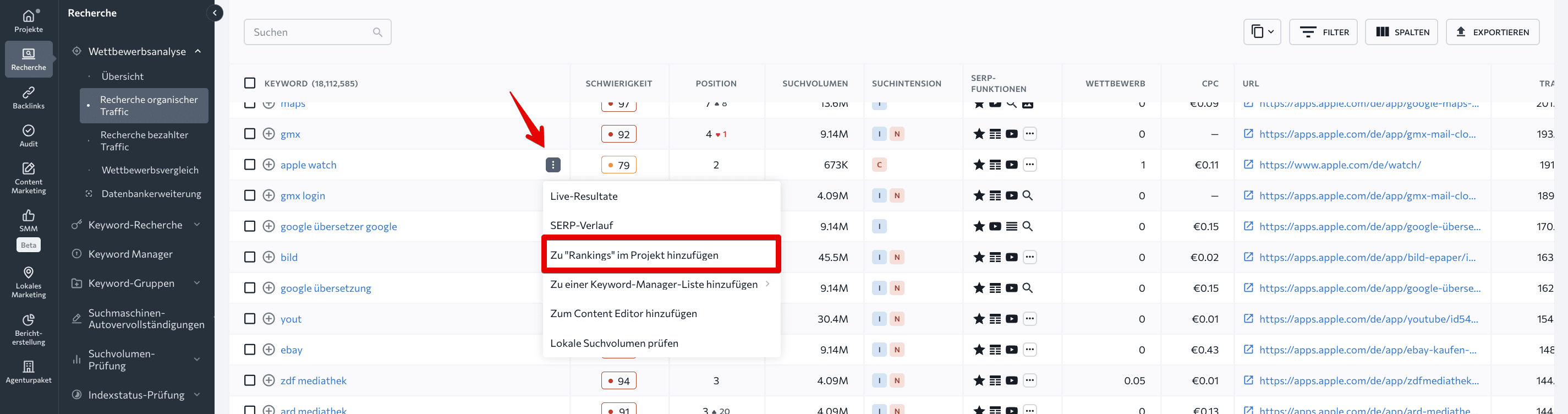 So fügen Sie ein Schlüsselwort aus der Wettbewerbsanalyse zu Ihrem Projekt hinzu